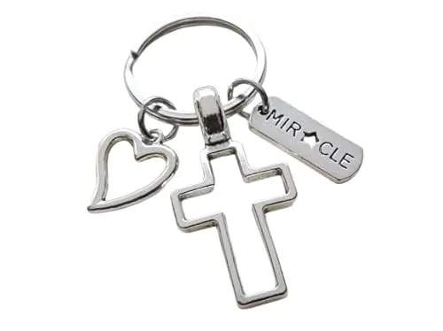 Cross Charm Keychain with Heart Charm & Word Tag Charm, Religious Keychain (Miracle Tag)