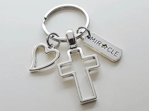 Cross Charm Keychain with Heart Charm & Word Tag Charm, Religious Keychain (Miracle Tag)
