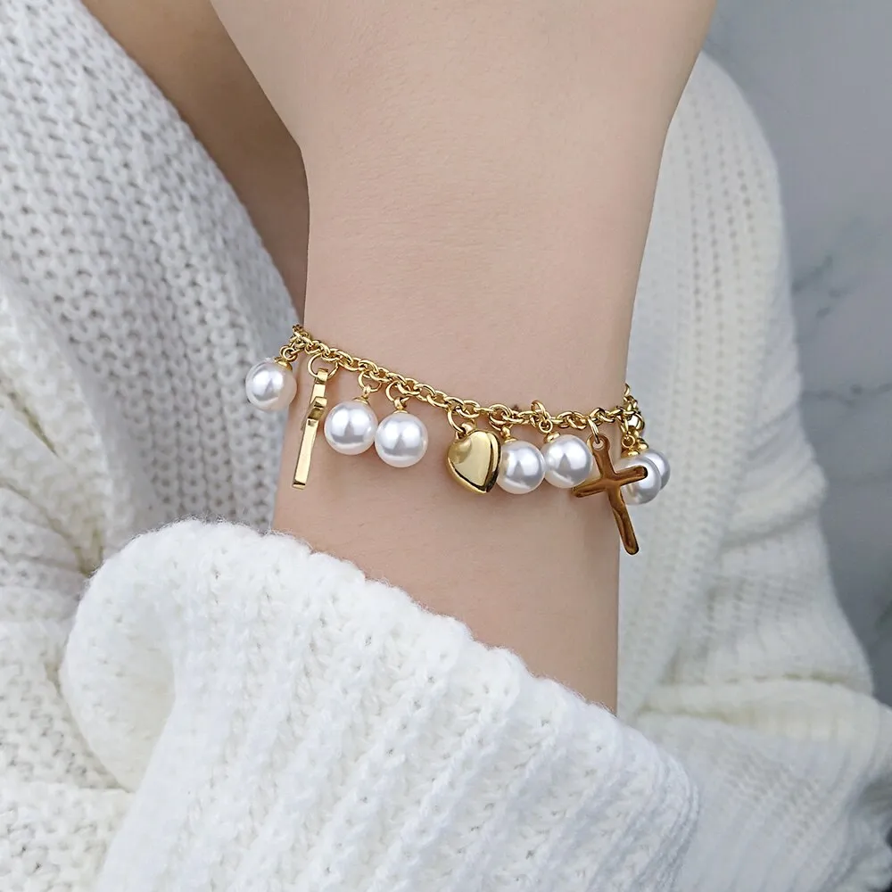Cross Pearl Charms Bracelet