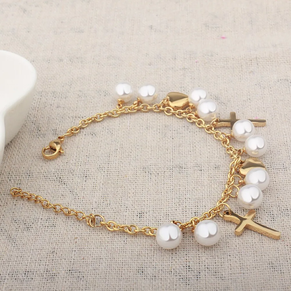 Cross Pearl Charms Bracelet