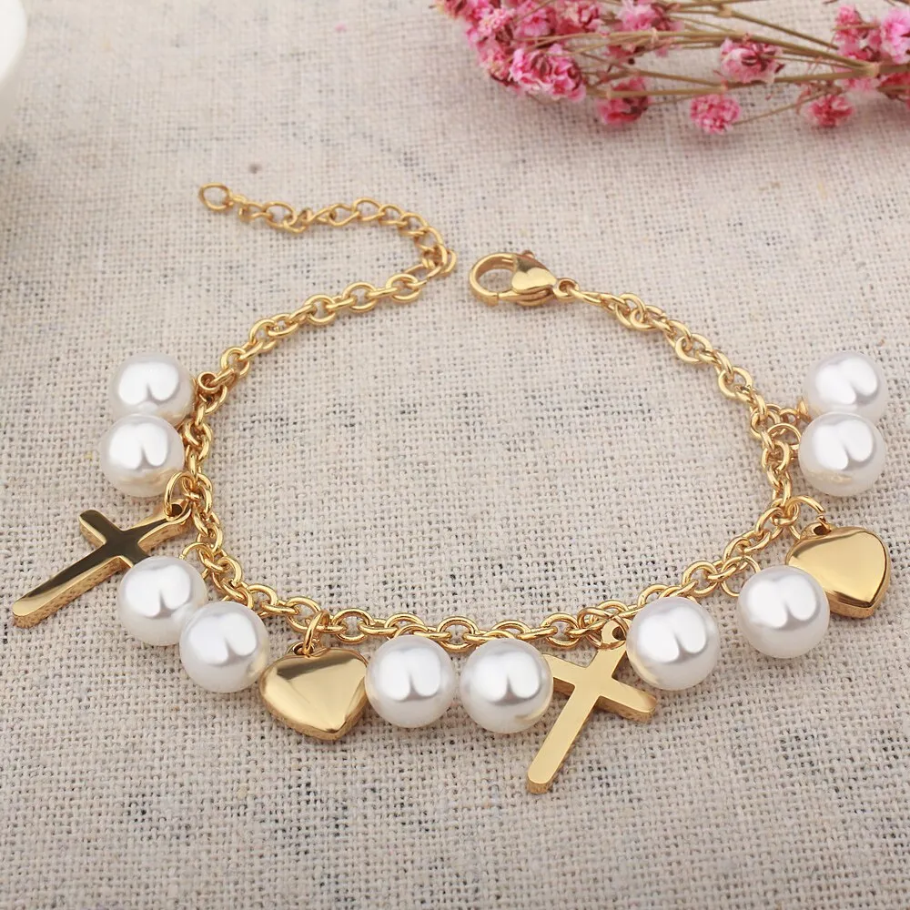 Cross Pearl Charms Bracelet