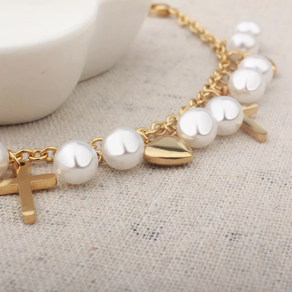 Cross Pearl Charms Bracelet
