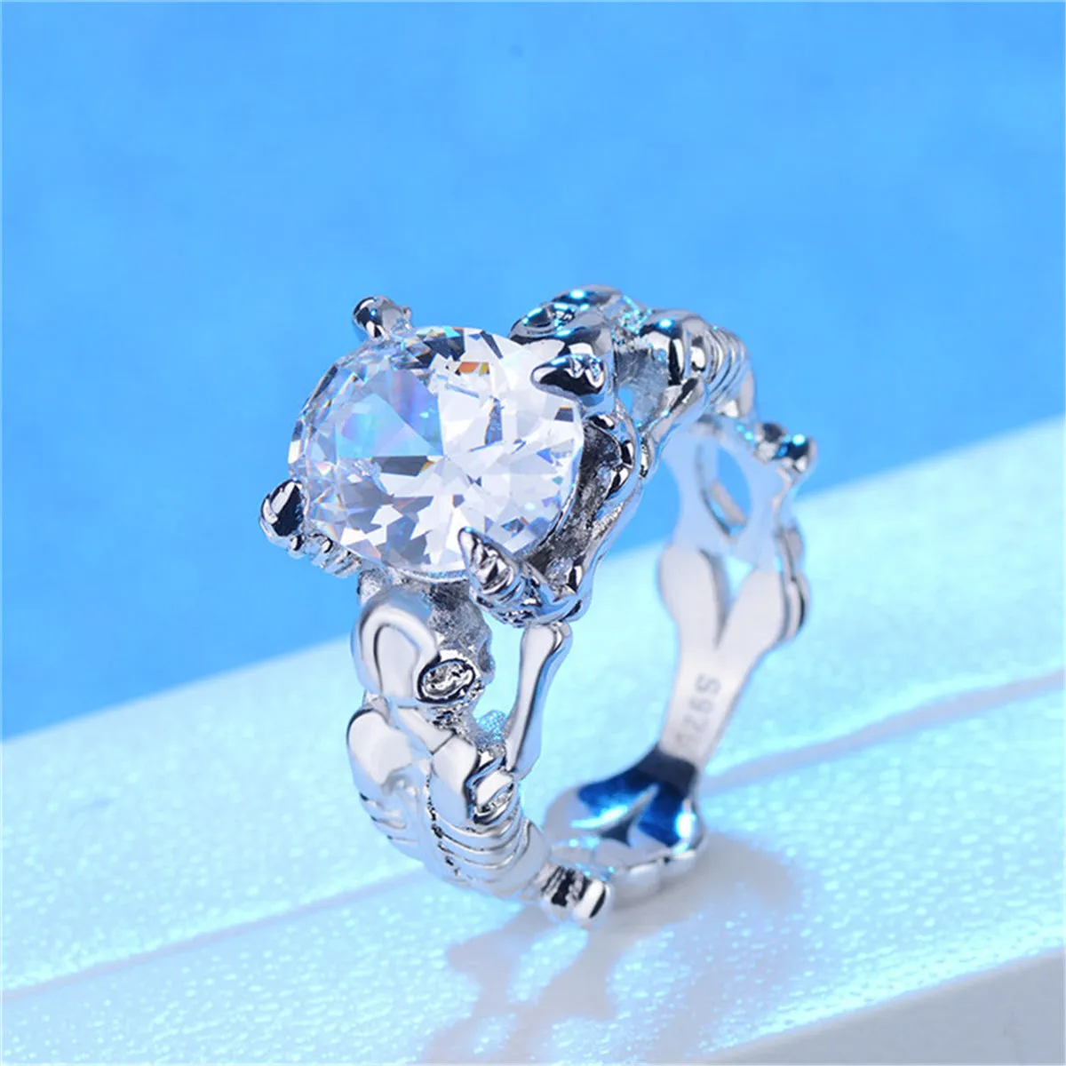 Crystal & Silver-Plated Ornate Oval-Cut Prong-Set Ring