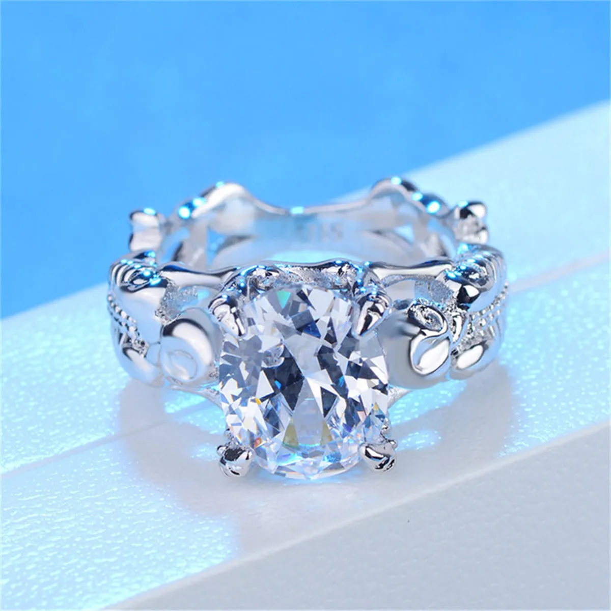 Crystal & Silver-Plated Ornate Oval-Cut Prong-Set Ring