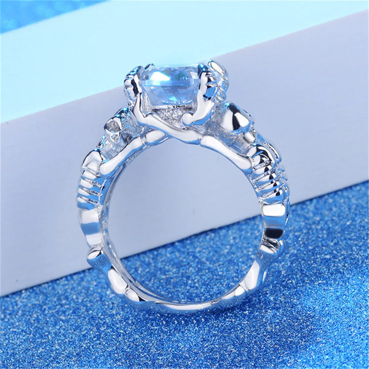 Crystal & Silver-Plated Ornate Oval-Cut Prong-Set Ring