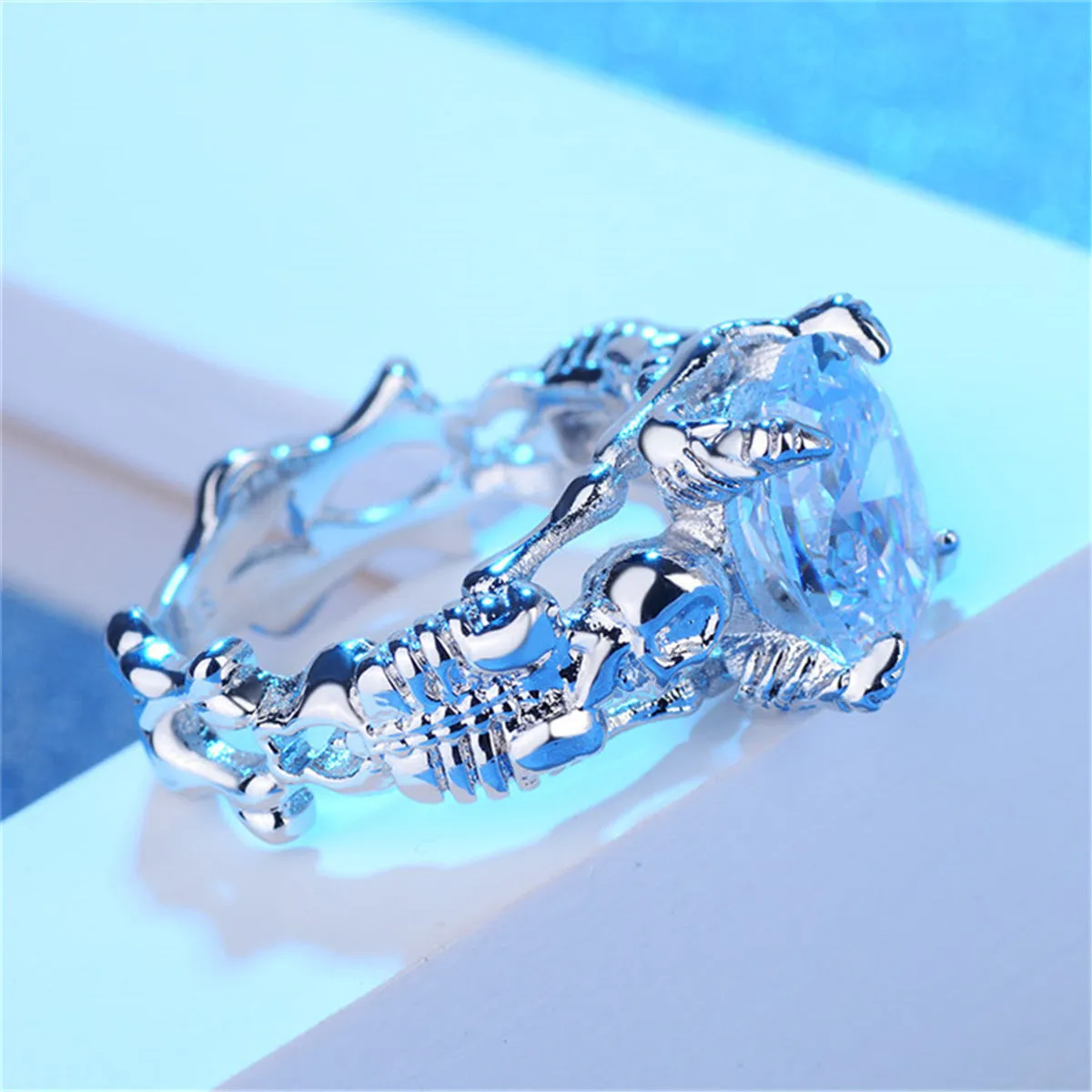 Crystal & Silver-Plated Ornate Oval-Cut Prong-Set Ring