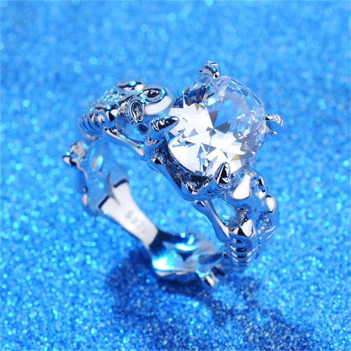 Crystal & Silver-Plated Ornate Oval-Cut Prong-Set Ring
