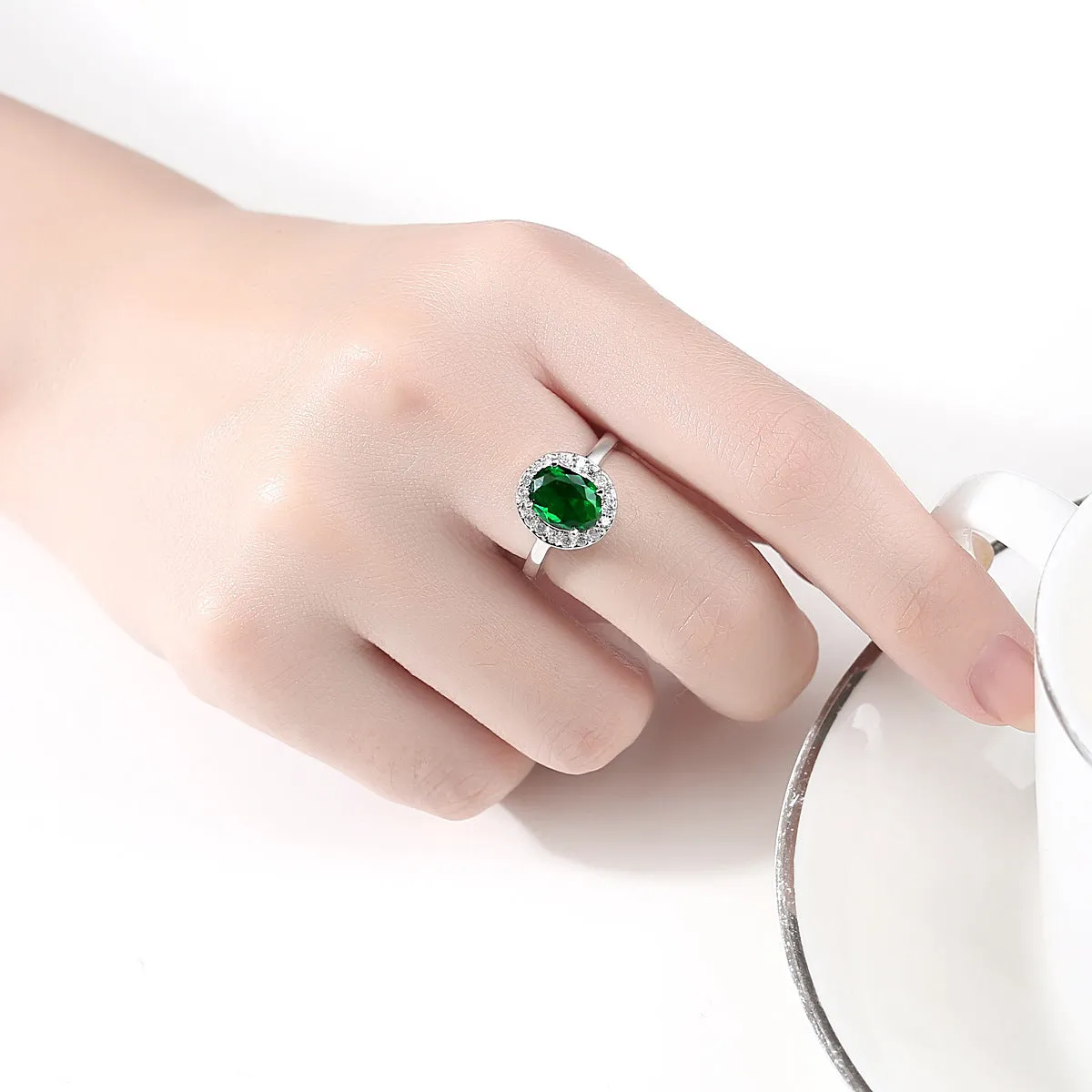 Cubic Zirconia & Green Crystal Halo Oval Ring