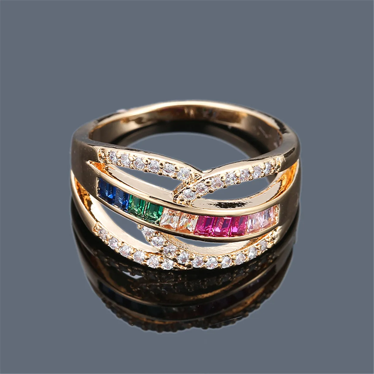 Cubic Zirconia & Rainbow Crystal Overlapping Leaves Ring