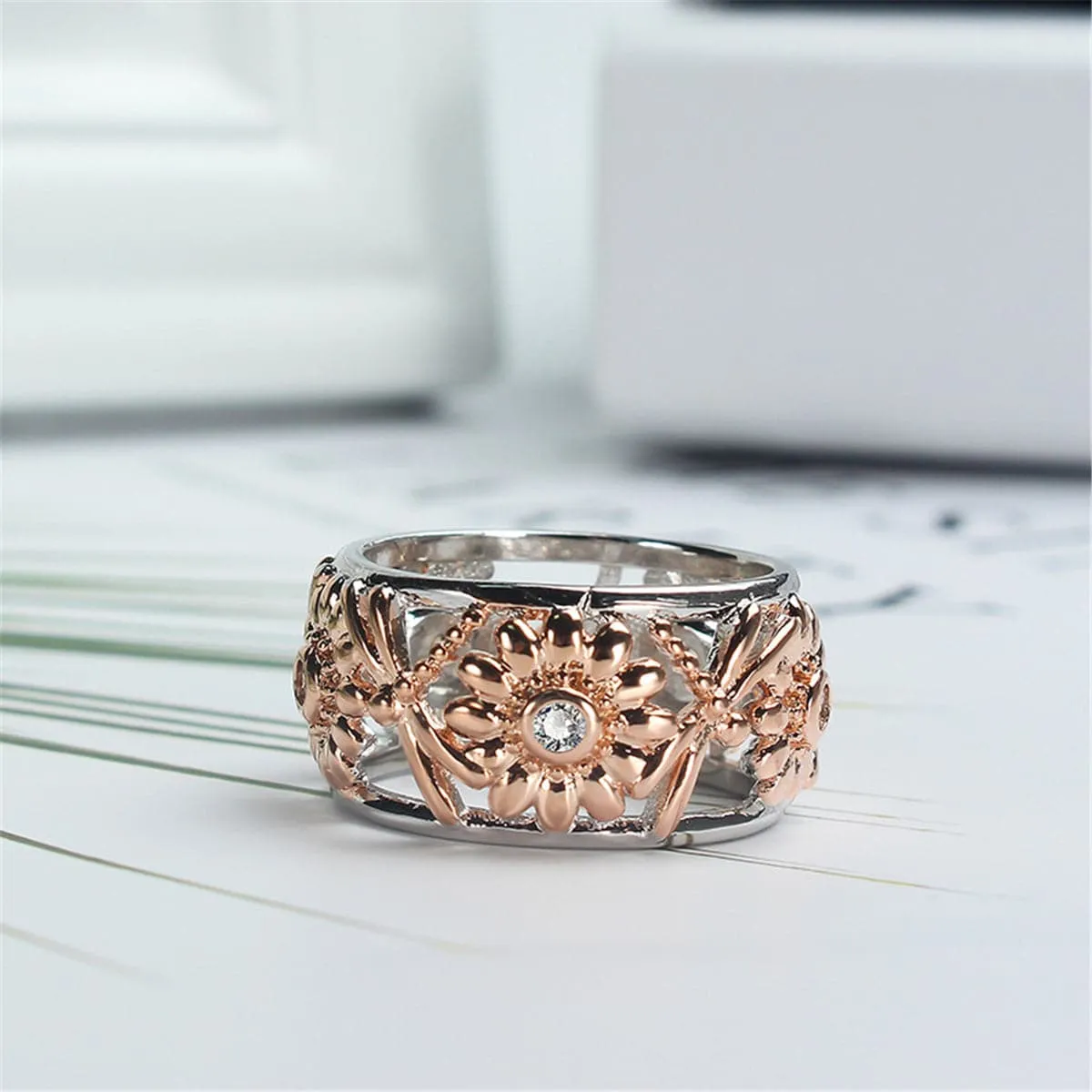 Cubic Zirconia & Two-Tone Sunflower Band Ring