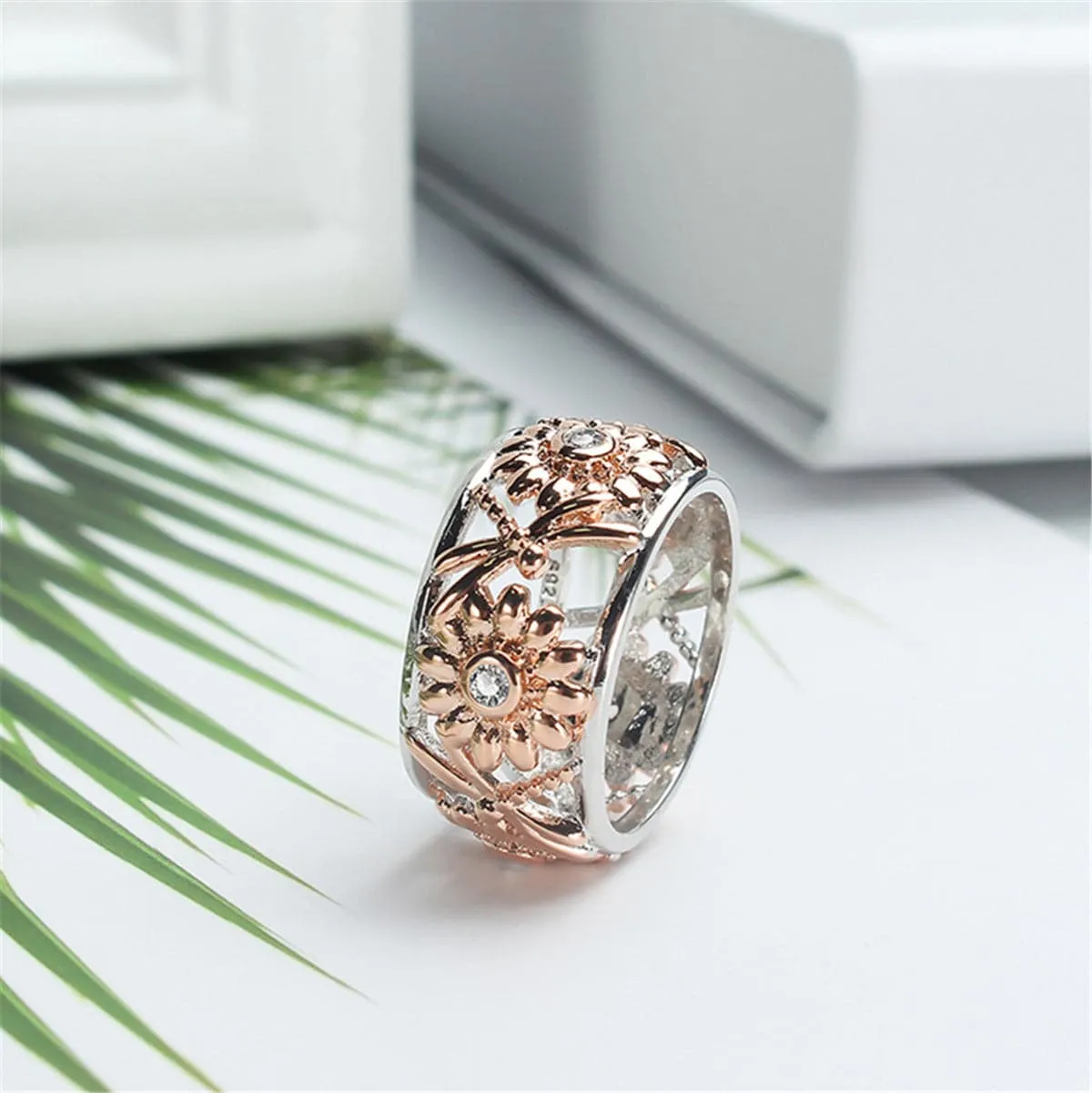 Cubic Zirconia & Two-Tone Sunflower Band Ring