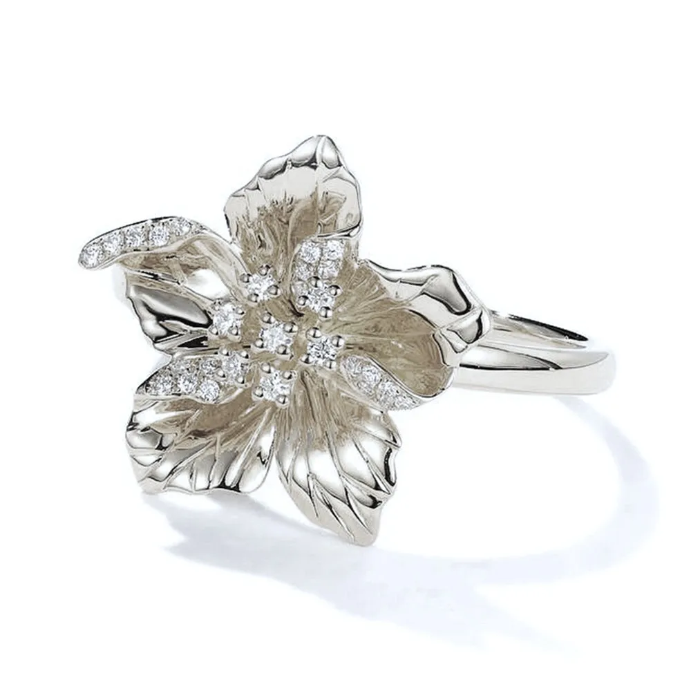 Diamond Realistic Blooming Flower Ring