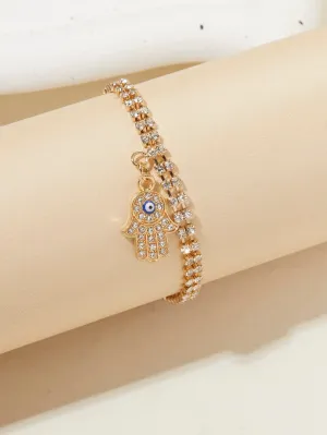Evil Eye Decor Rhinestone Hand Charm Bracelet- 𝘚𝘚²³ - Gold - FD ⚡