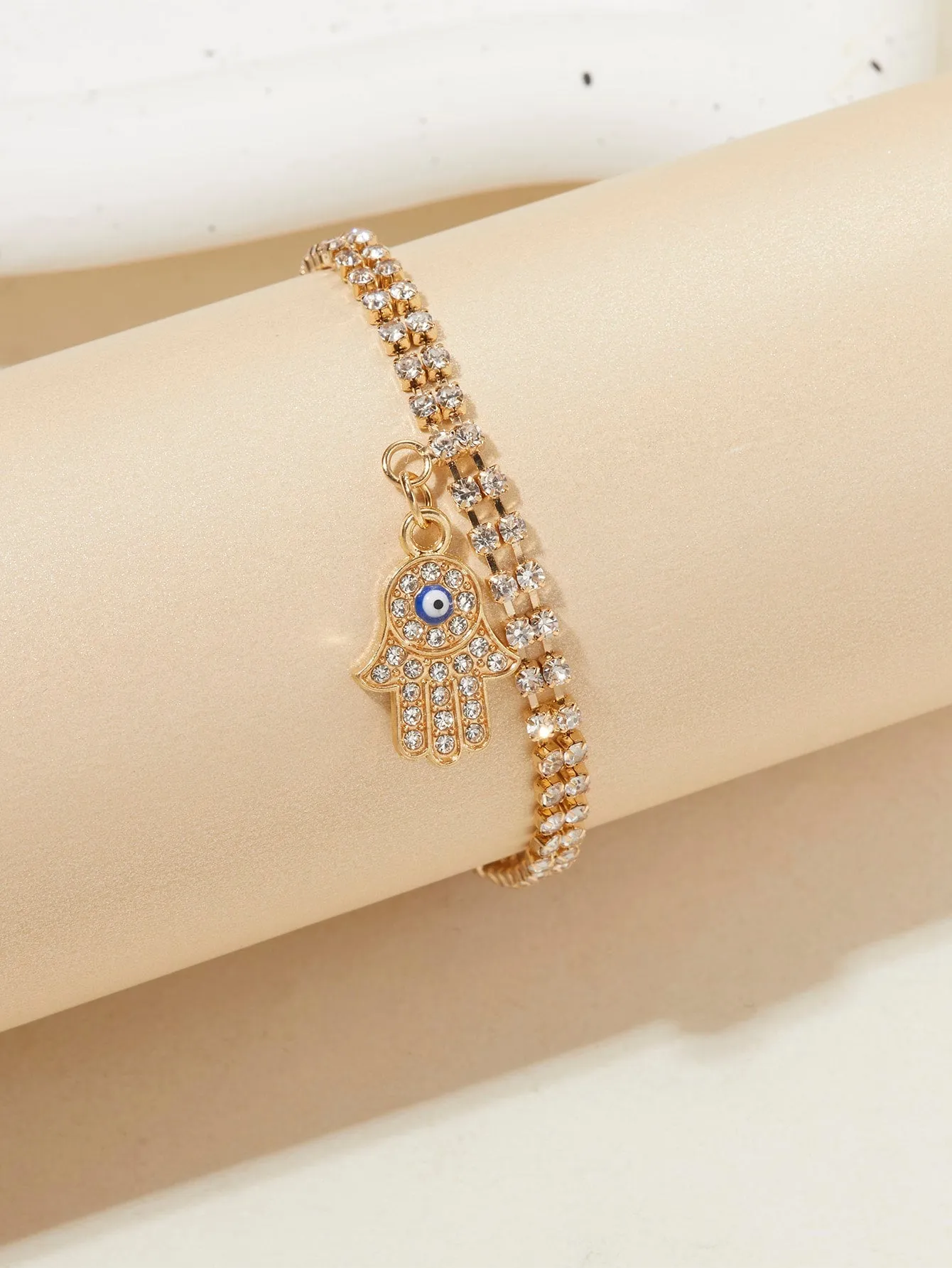 Evil Eye Decor Rhinestone Hand Charm Bracelet- 𝘚𝘚²³ - Gold - FD ⚡