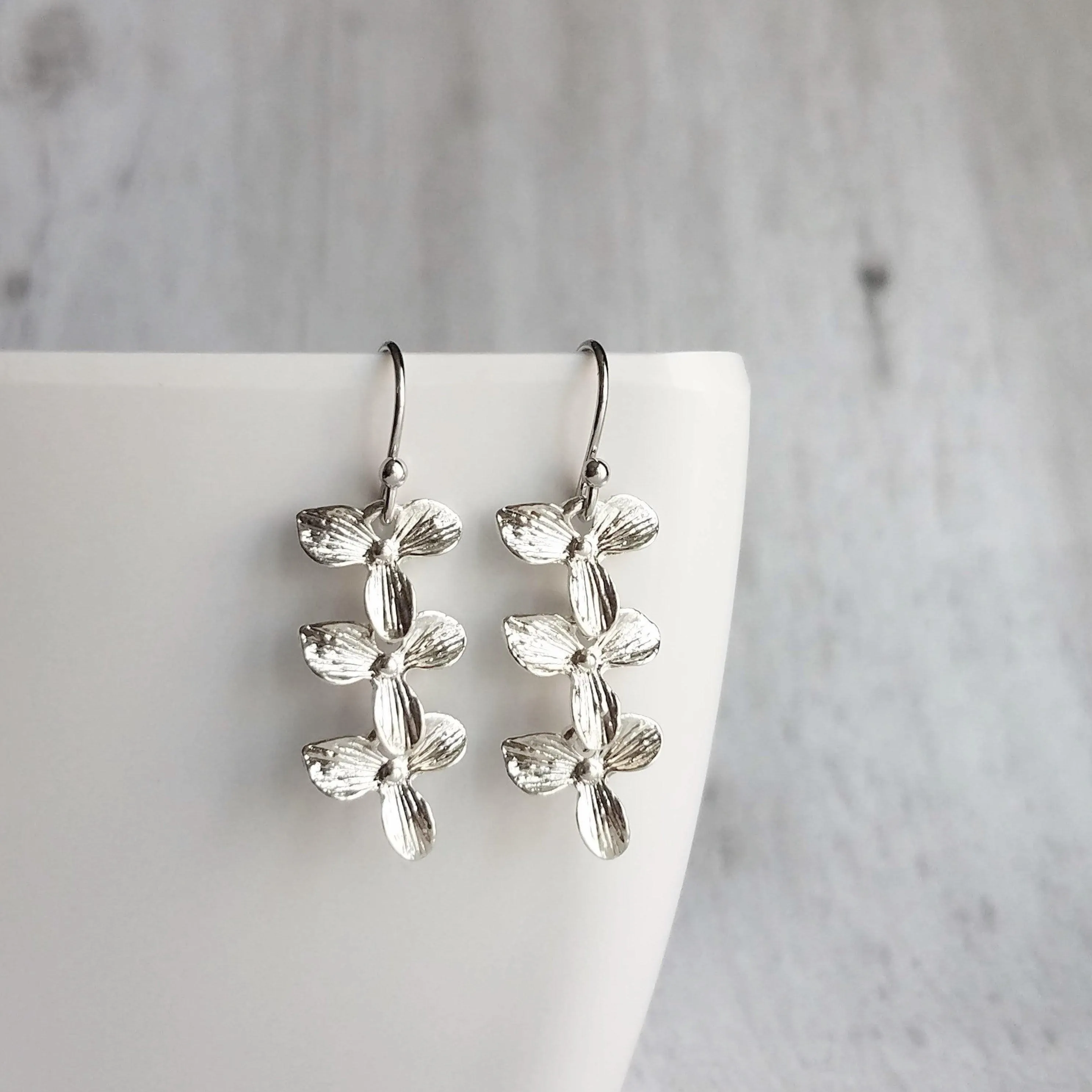 Flower Cascade Earrings - little silver bridal/wedding bridesmaid jewelry - small shiny dainty trillium - .925 sterling silver hook option