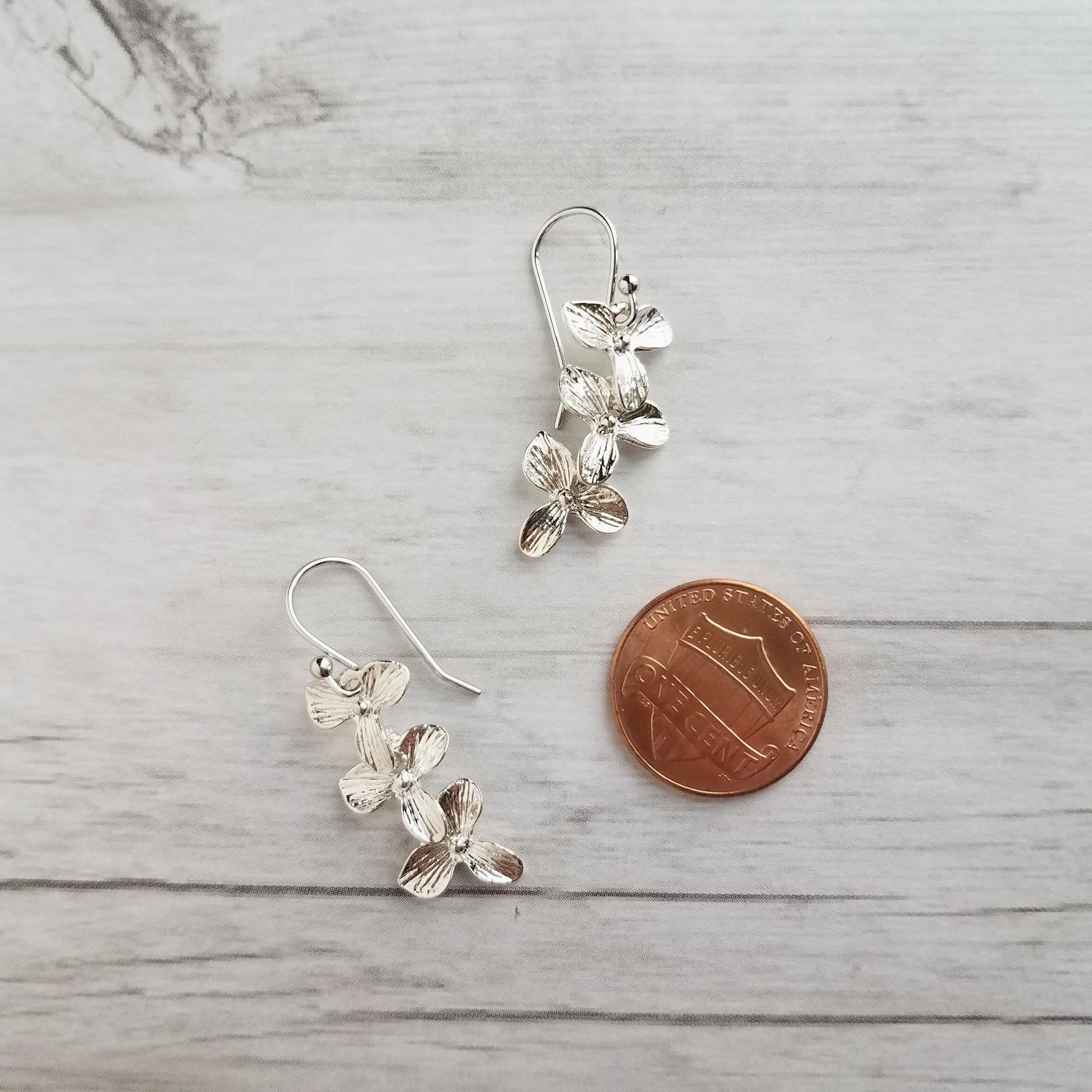 Flower Cascade Earrings - little silver bridal/wedding bridesmaid jewelry - small shiny dainty trillium - .925 sterling silver hook option