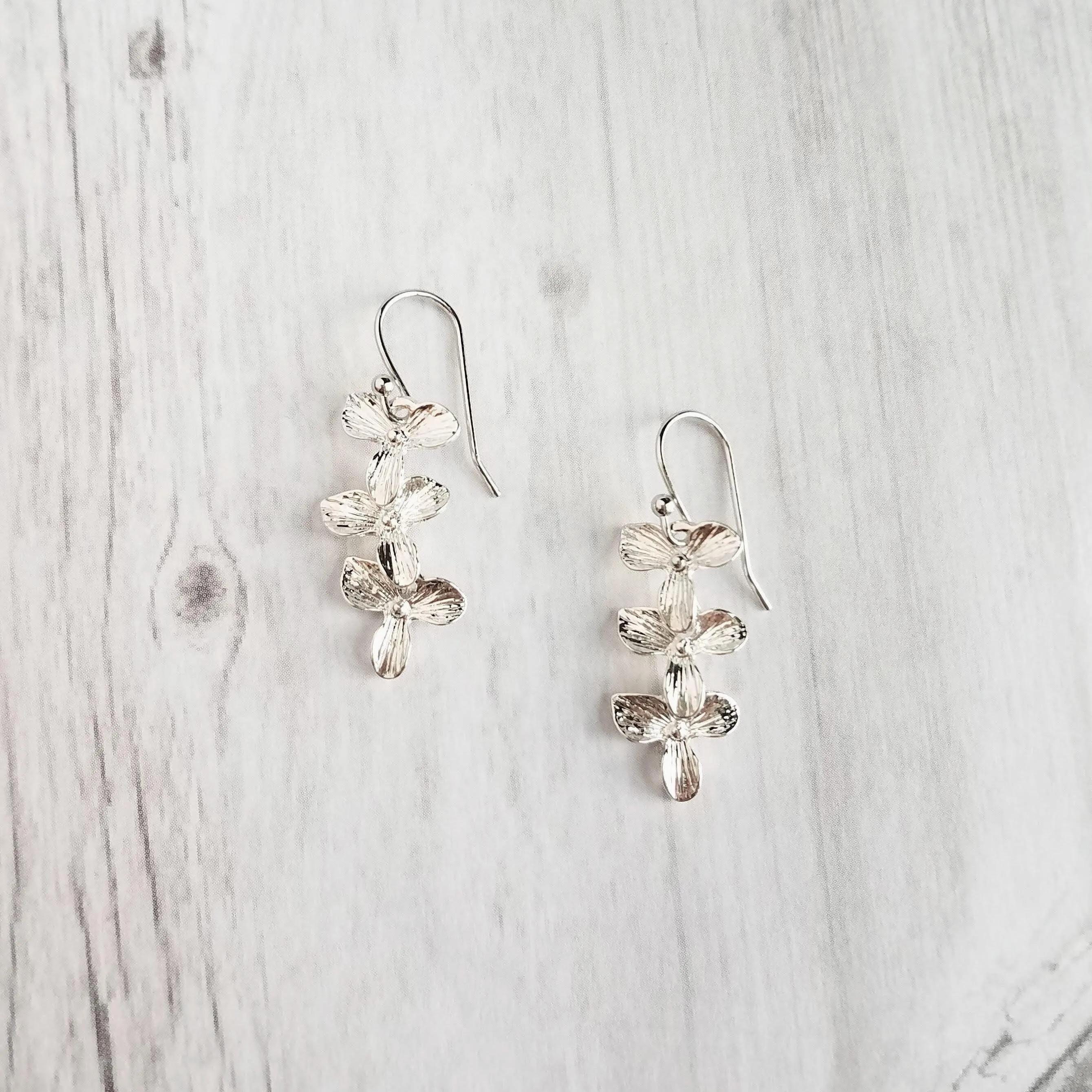 Flower Cascade Earrings - little silver bridal/wedding bridesmaid jewelry - small shiny dainty trillium - .925 sterling silver hook option