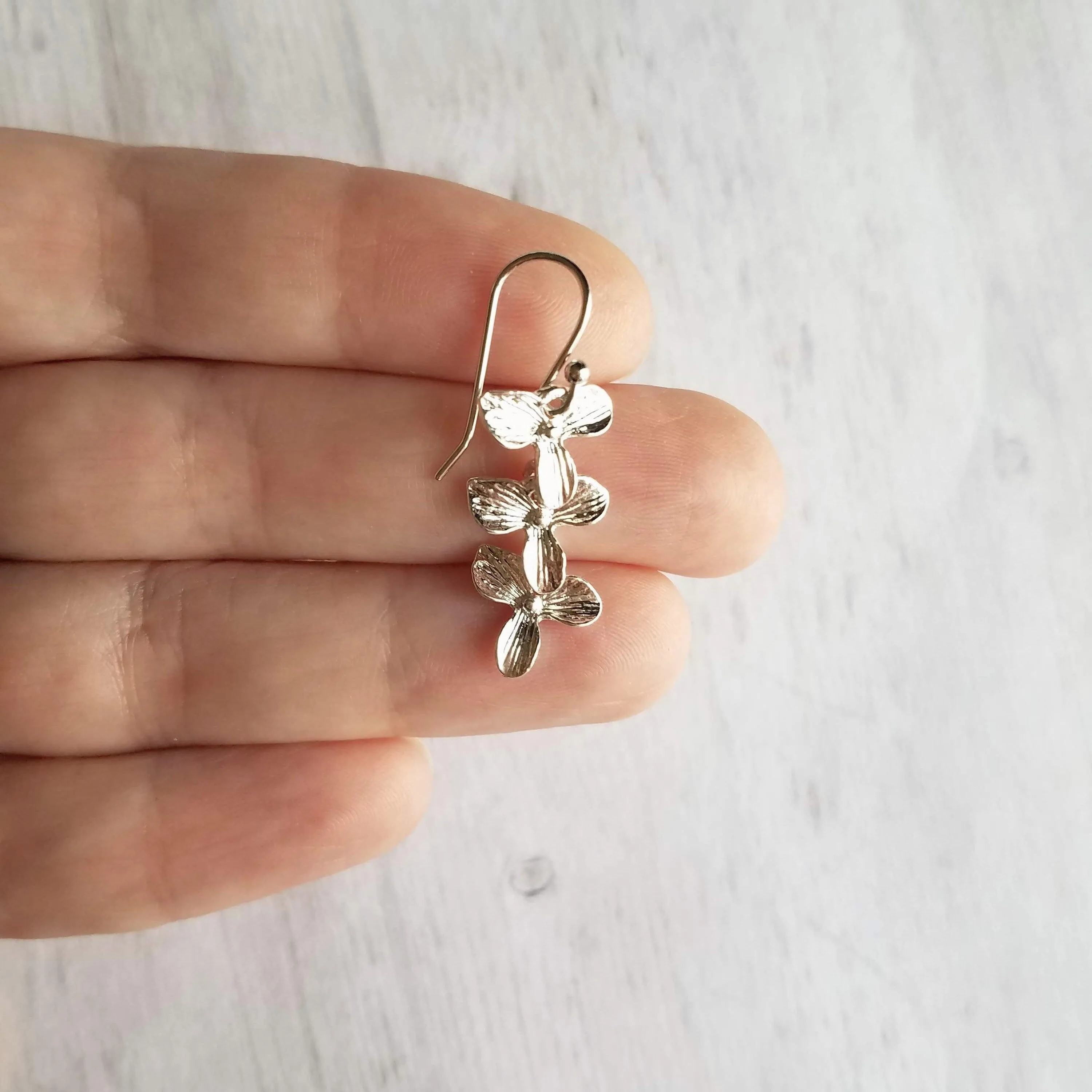 Flower Cascade Earrings - little silver bridal/wedding bridesmaid jewelry - small shiny dainty trillium - .925 sterling silver hook option