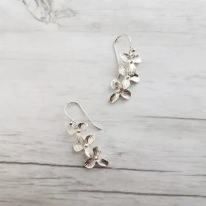 Flower Cascade Earrings - little silver bridal/wedding bridesmaid jewelry - small shiny dainty trillium - .925 sterling silver hook option