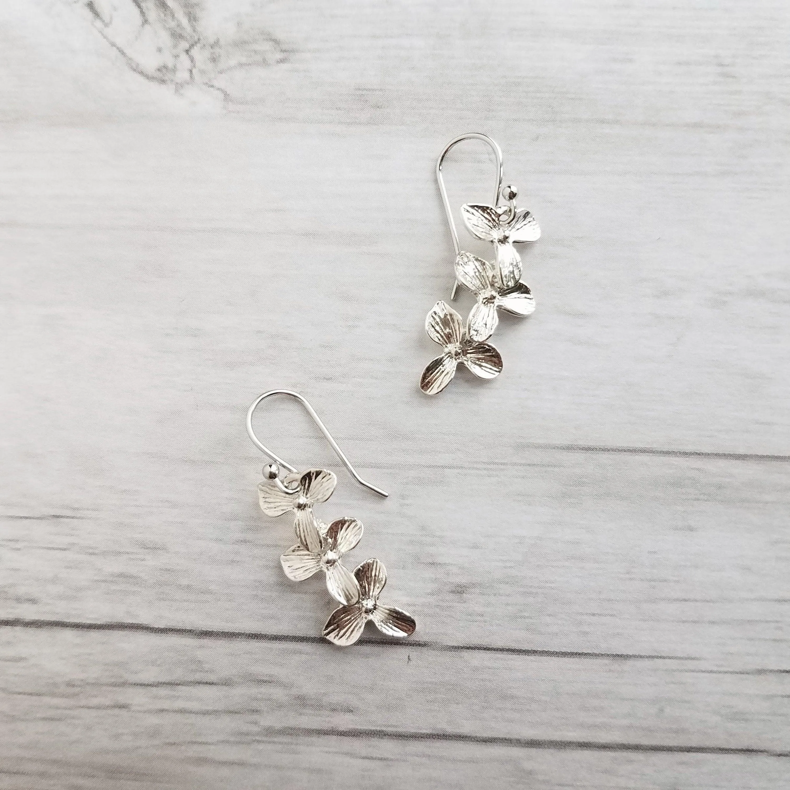 Flower Cascade Earrings - little silver bridal/wedding bridesmaid jewelry - small shiny dainty trillium - .925 sterling silver hook option
