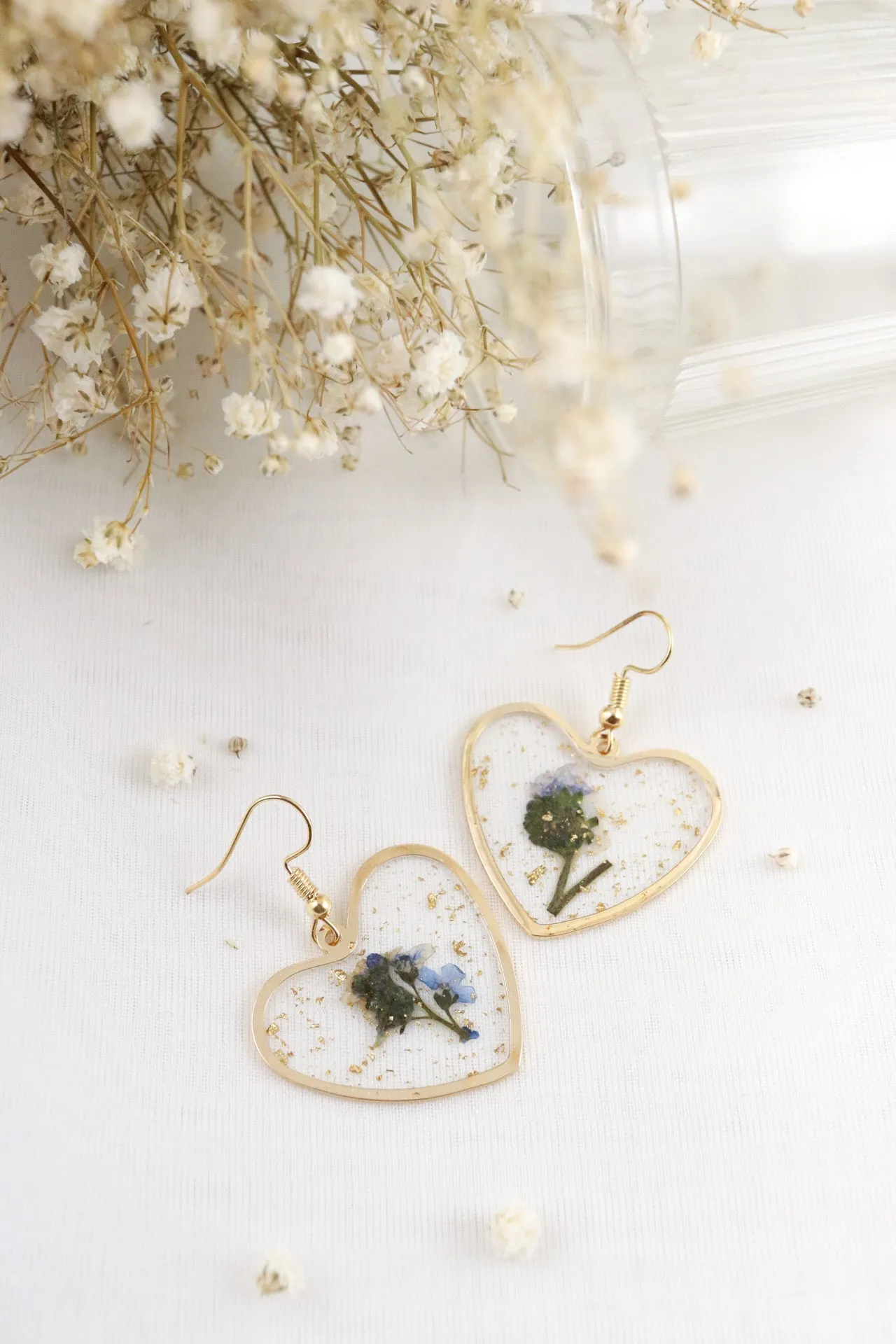 Forget Me Not Wildflower Heart Resin Earrings, Pressed Dried Natural Flowers, Botanical Nature Jewelry Gift For Her