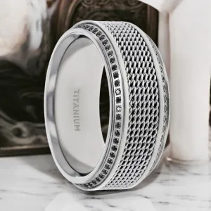 GAUNTLET | Titanium Wedding Band – Steel Chain Design & Black Diamonds