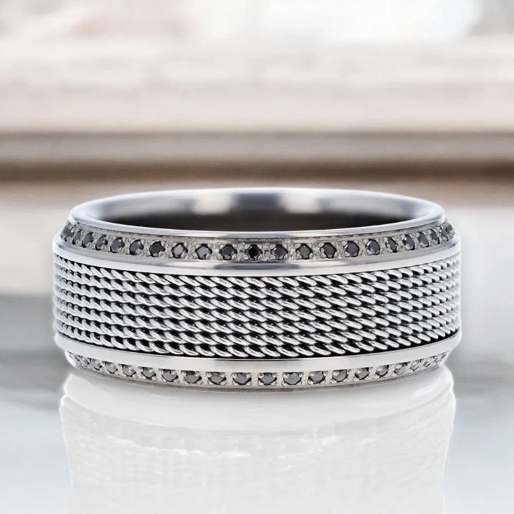 GAUNTLET | Titanium Wedding Band – Steel Chain Design & Black Diamonds