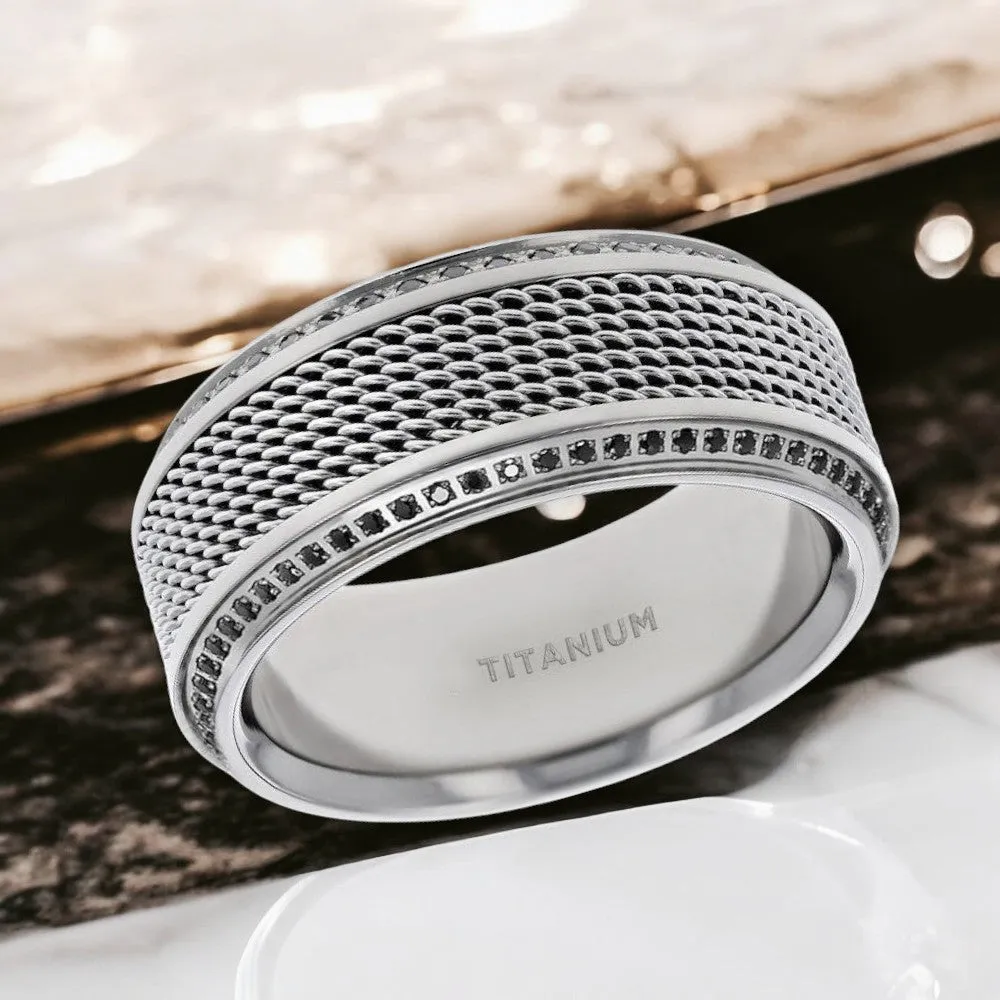 GAUNTLET | Titanium Wedding Band – Steel Chain Design & Black Diamonds