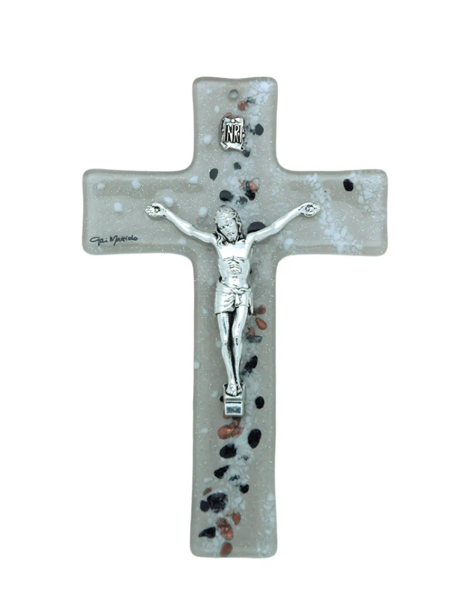 Genuine Murano Glass Crucifix, Beige with Black & Copper, 6 in