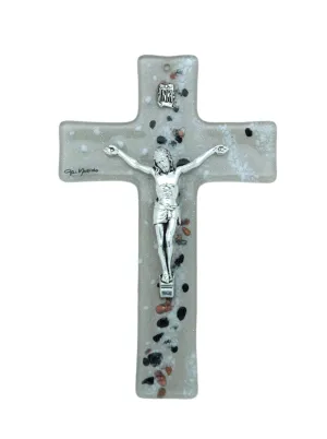 Genuine Murano Glass Crucifix, Beige with Black & Copper, 6 in