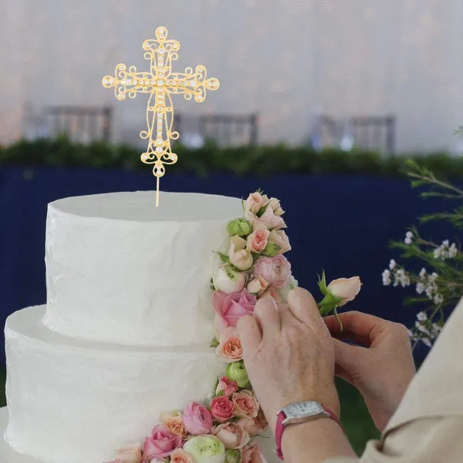 Gold Crystal Cross Cake Topper