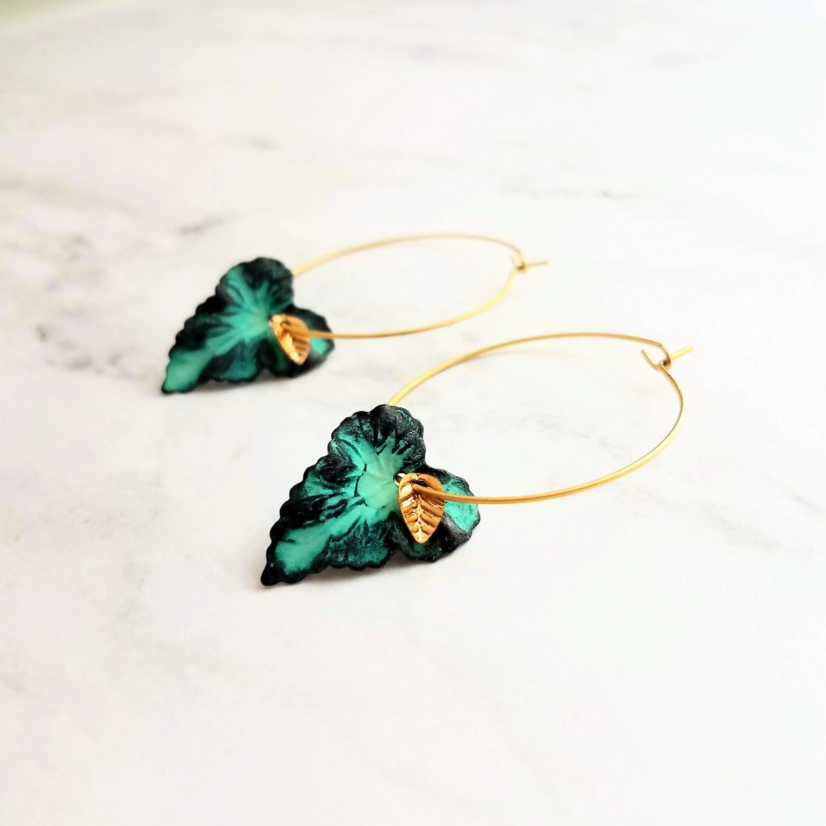 Gold Hoop Earrings - blue green aqua aged verdigris patina leaves - simple woodland minimalist handmade gift for her - small/medium