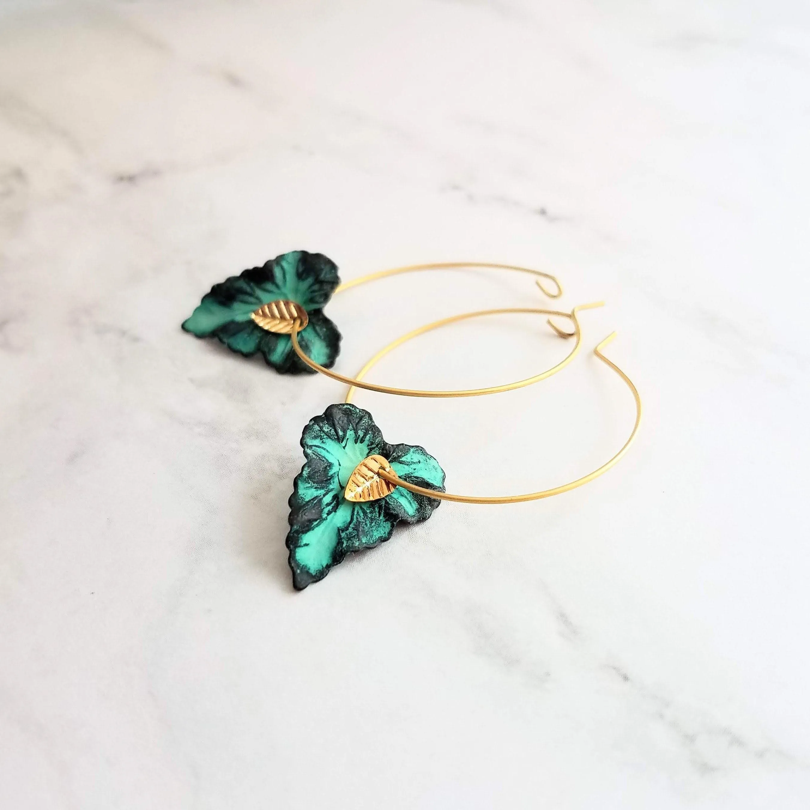 Gold Hoop Earrings - blue green aqua aged verdigris patina leaves - simple woodland minimalist handmade gift for her - small/medium