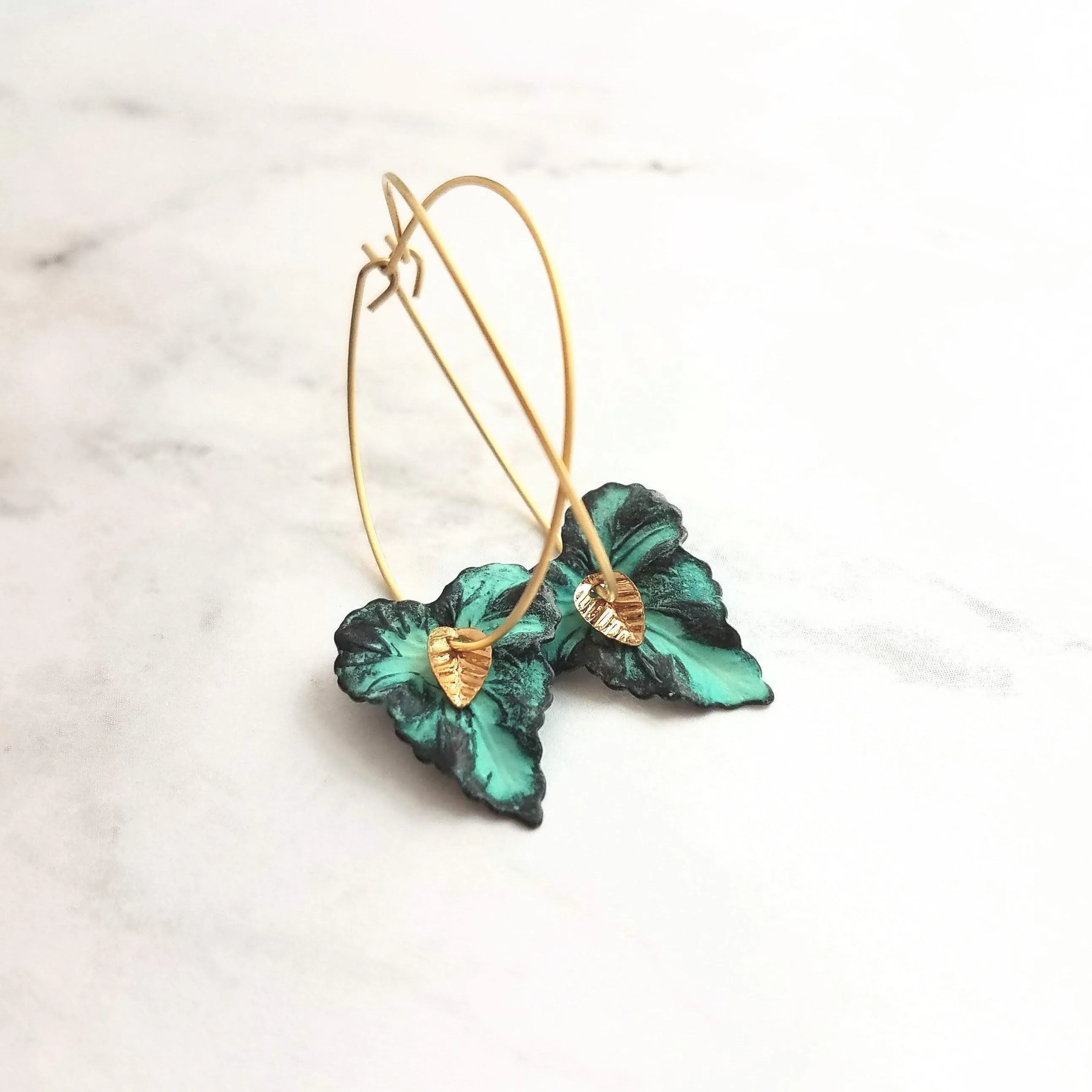 Gold Hoop Earrings - blue green aqua aged verdigris patina leaves - simple woodland minimalist handmade gift for her - small/medium