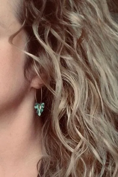 Gold Hoop Earrings - blue green aqua aged verdigris patina leaves - simple woodland minimalist handmade gift for her - small/medium