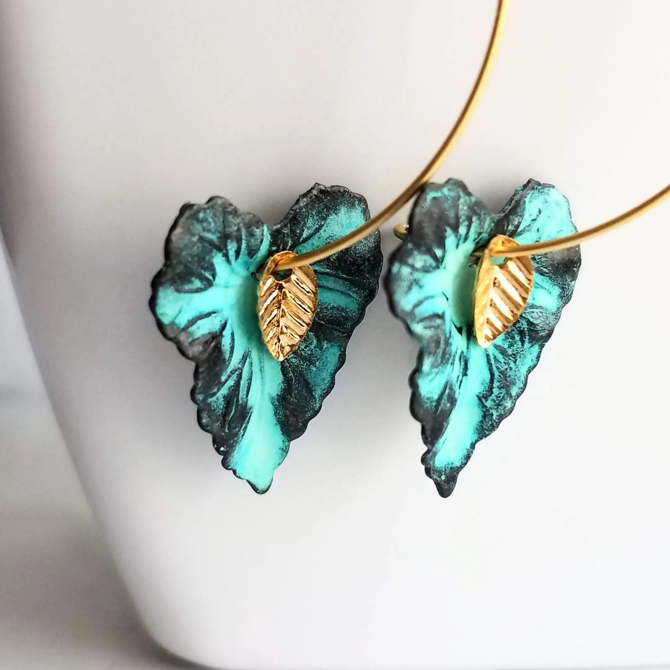 Gold Hoop Earrings - blue green aqua aged verdigris patina leaves - simple woodland minimalist handmade gift for her - small/medium