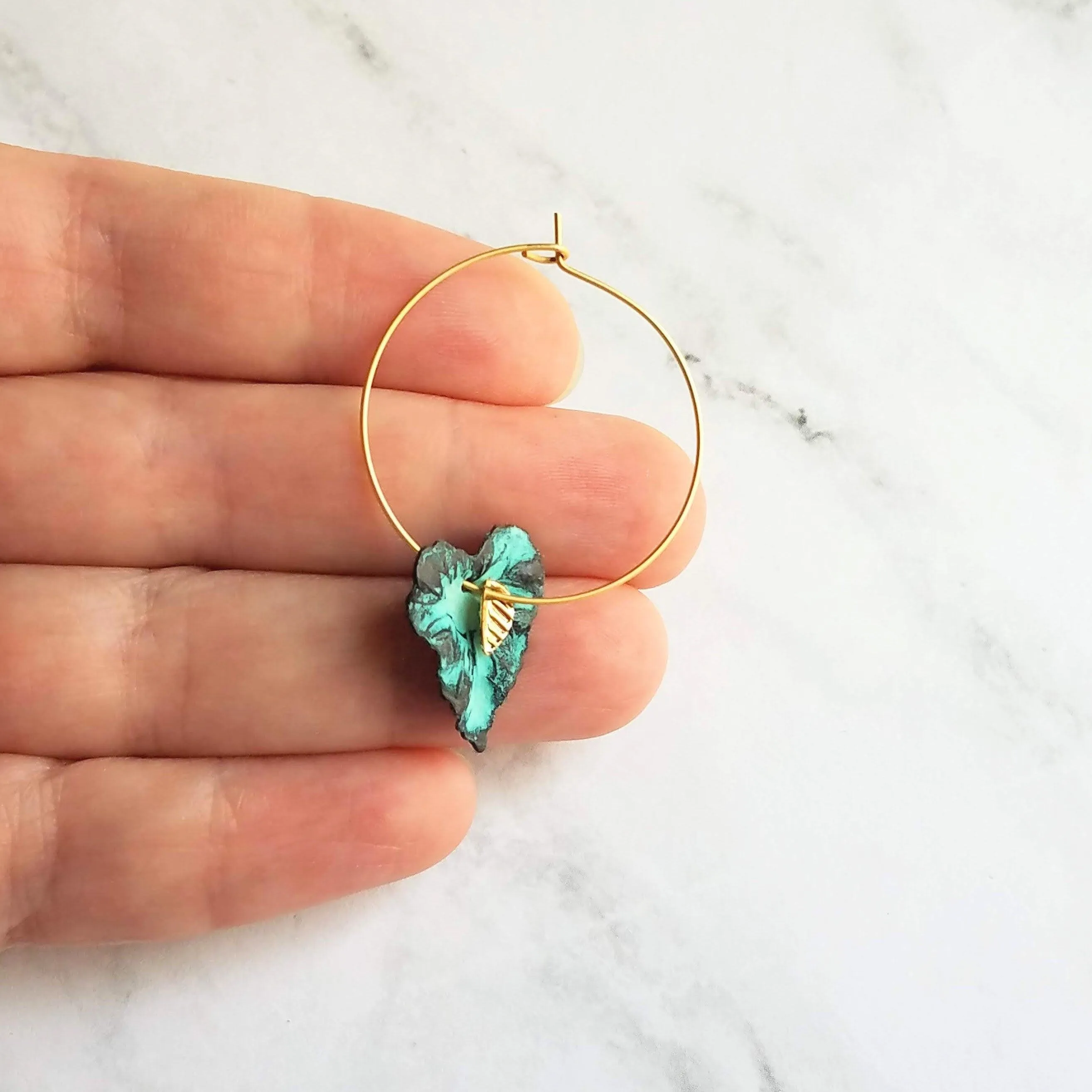 Gold Hoop Earrings - blue green aqua aged verdigris patina leaves - simple woodland minimalist handmade gift for her - small/medium