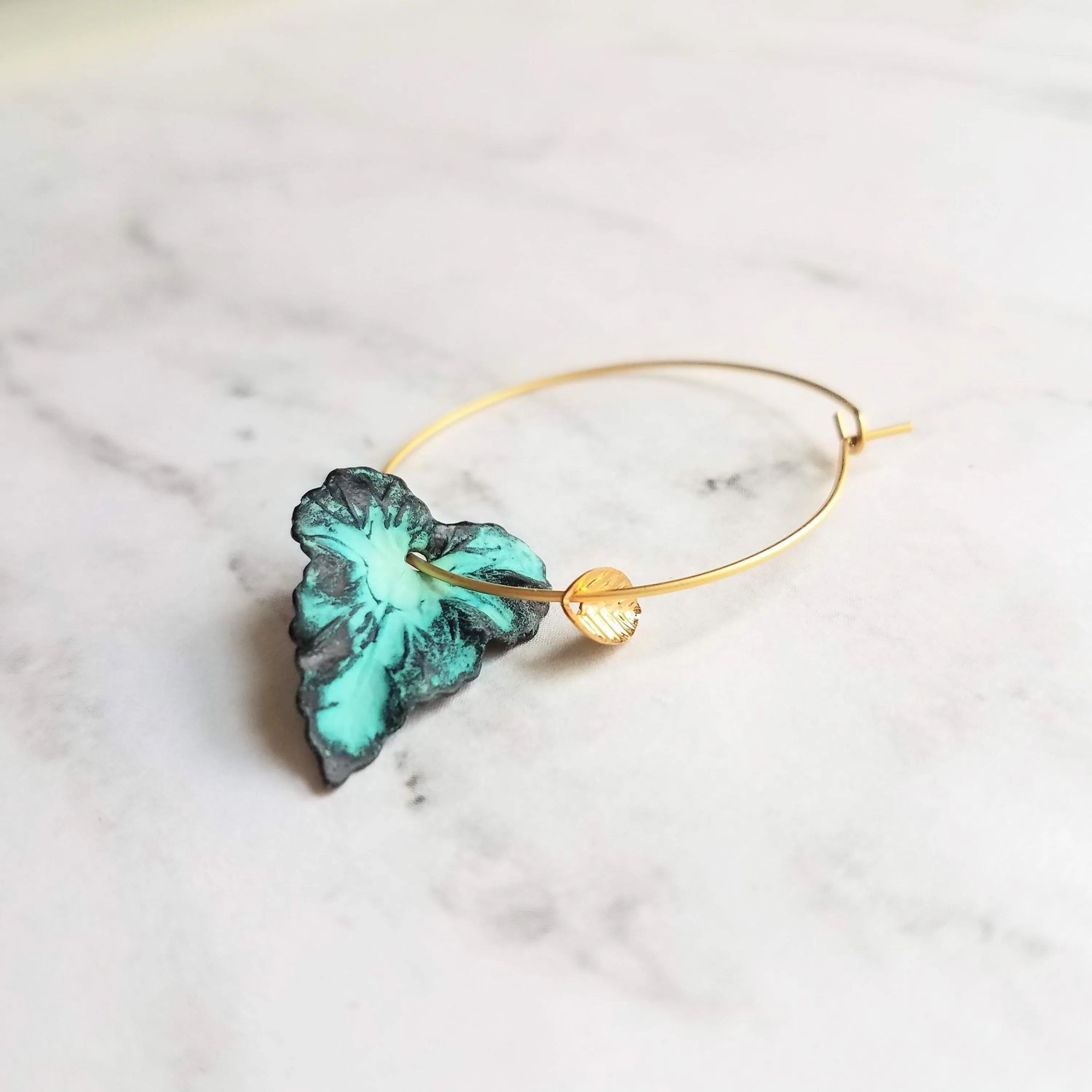 Gold Hoop Earrings - blue green aqua aged verdigris patina leaves - simple woodland minimalist handmade gift for her - small/medium