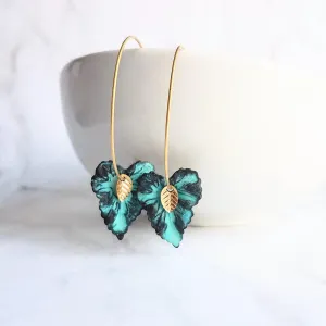 Gold Hoop Earrings - blue green aqua aged verdigris patina leaves - simple woodland minimalist handmade gift for her - small/medium
