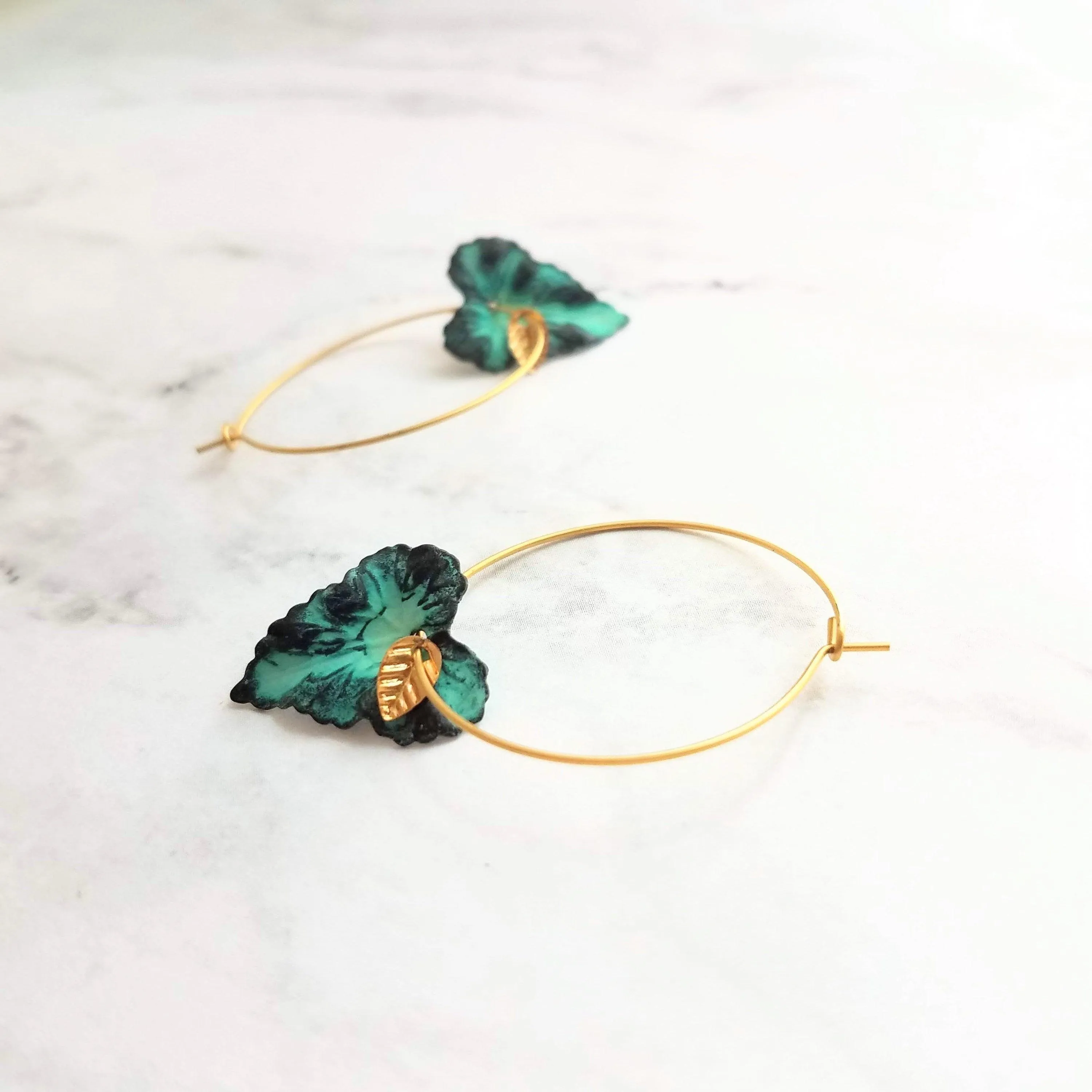 Gold Hoop Earrings - blue green aqua aged verdigris patina leaves - simple woodland minimalist handmade gift for her - small/medium
