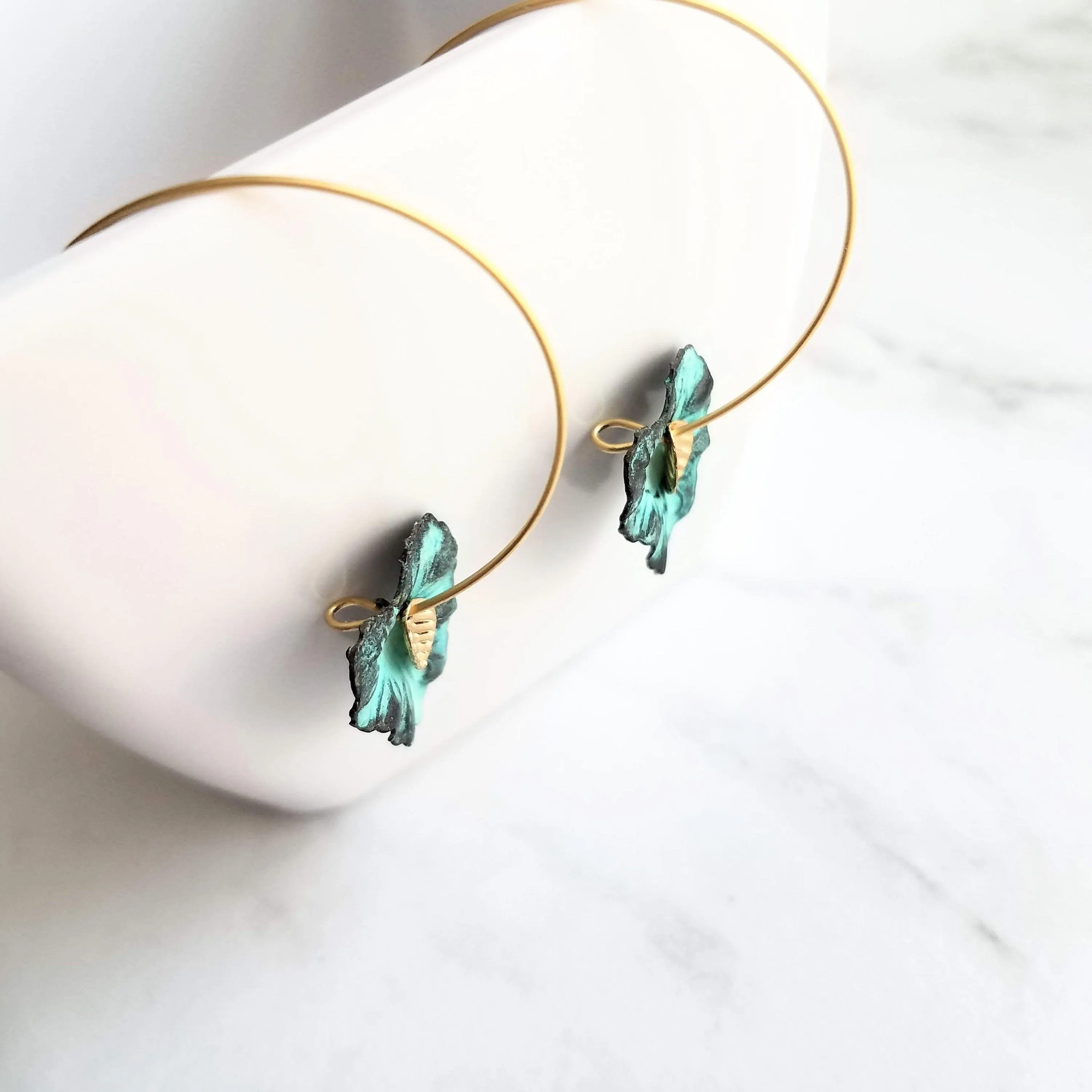 Gold Hoop Earrings - blue green aqua aged verdigris patina leaves - simple woodland minimalist handmade gift for her - small/medium
