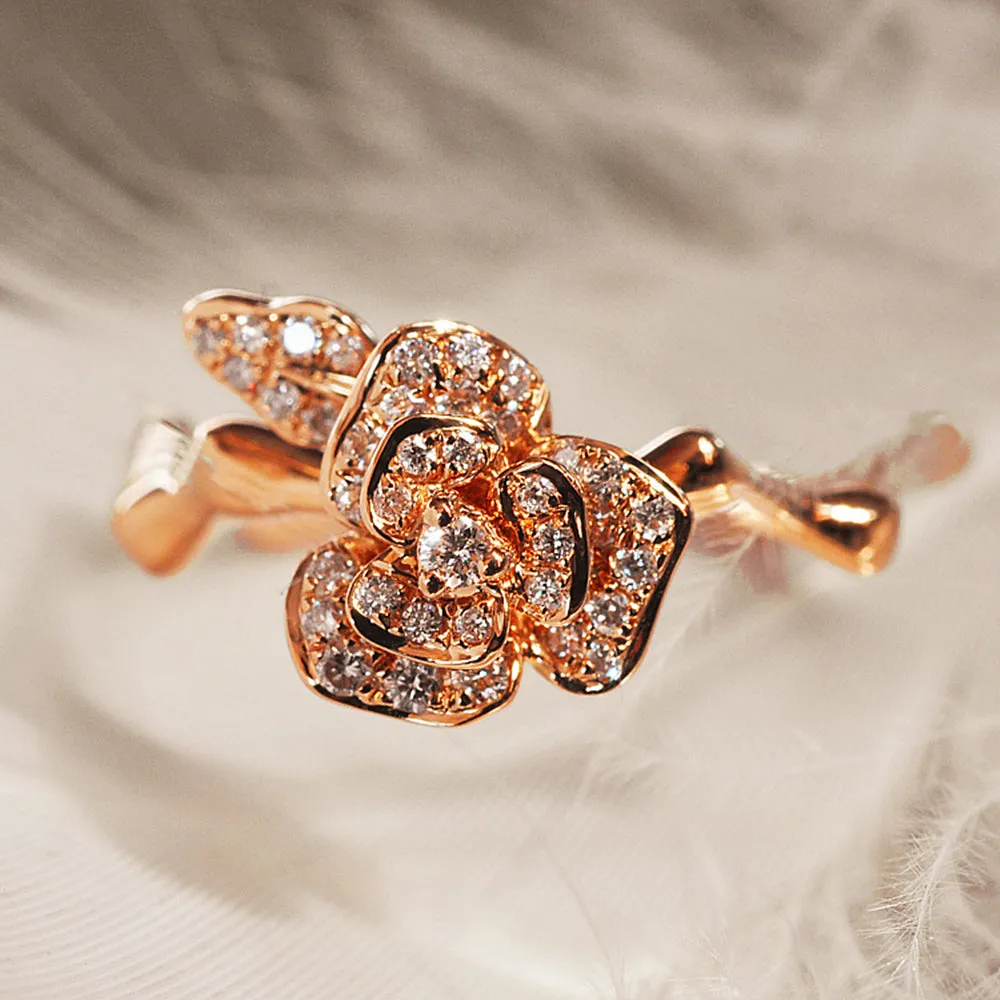 Gorgeous 3D Rose Flower Branch Diamond Ring