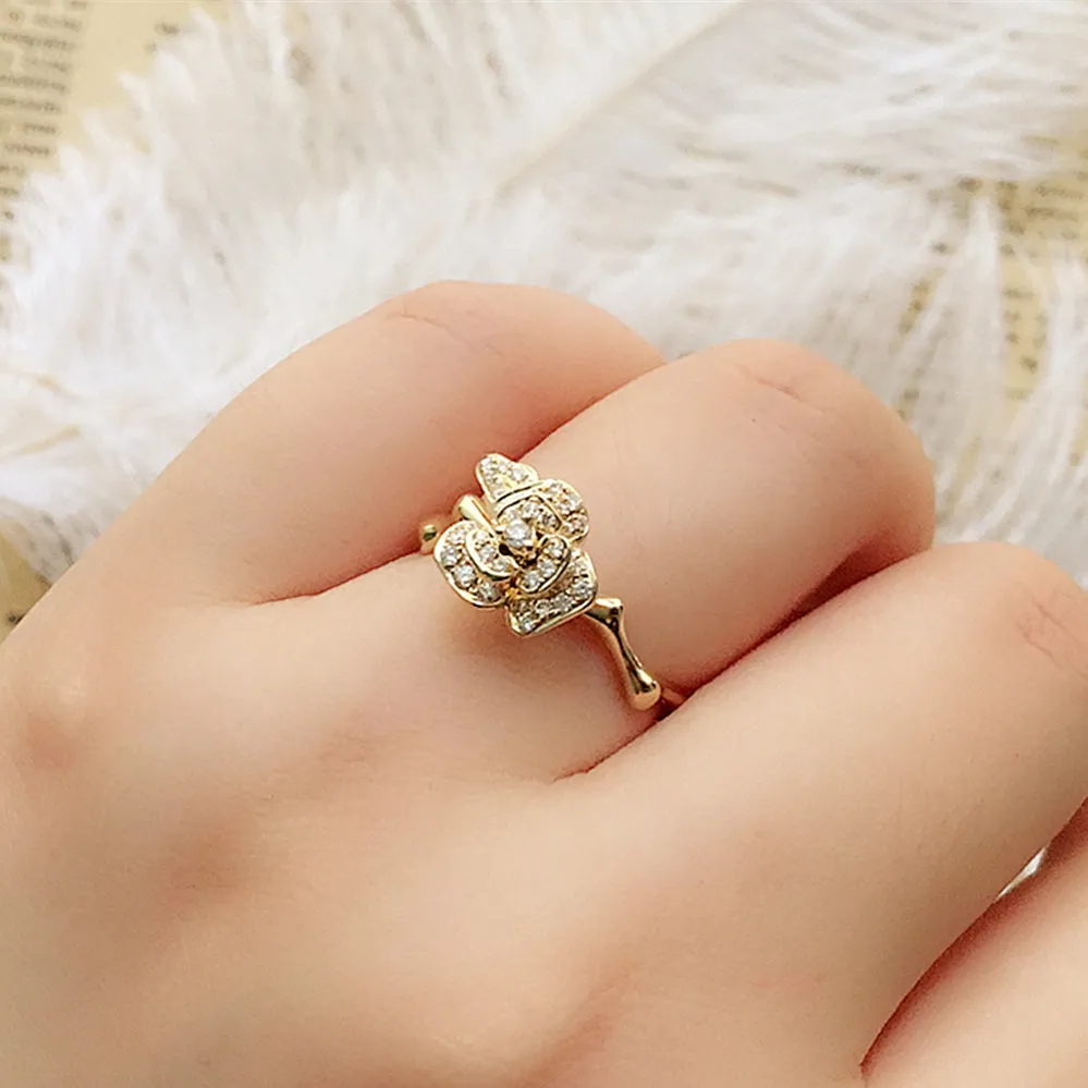 Gorgeous 3D Rose Flower Branch Diamond Ring