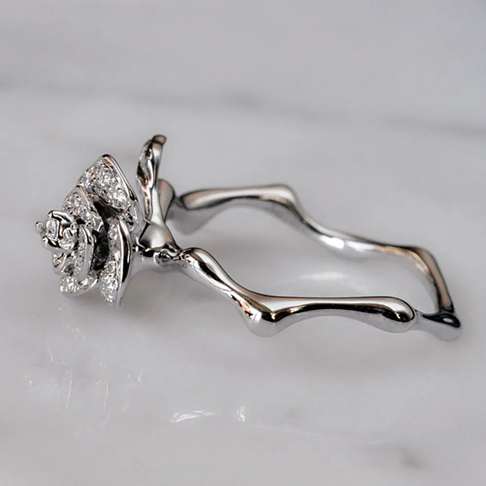 Gorgeous 3D Rose Flower Branch Diamond Ring