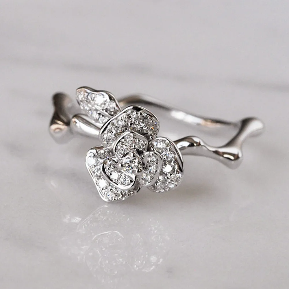 Gorgeous 3D Rose Flower Branch Diamond Ring
