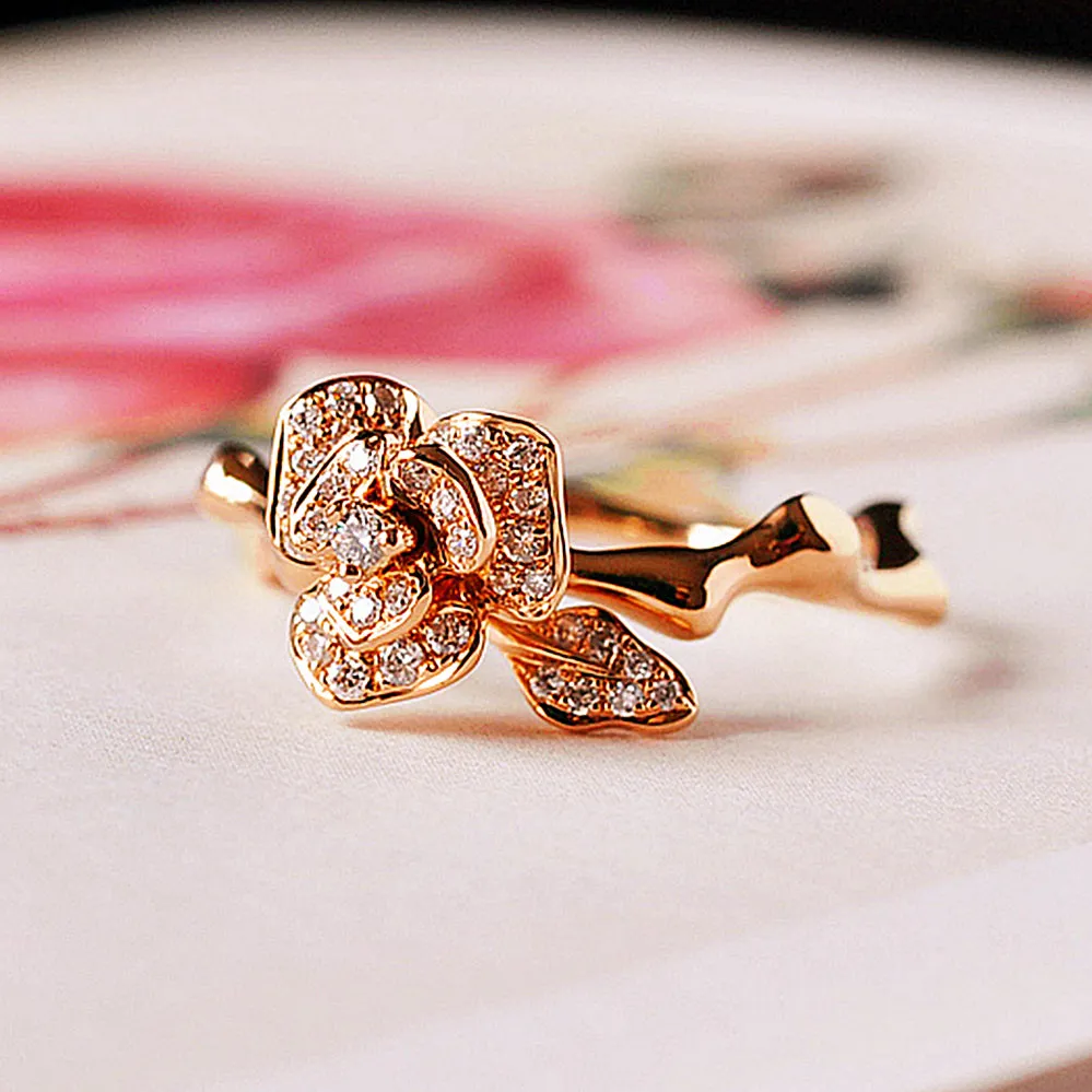 Gorgeous 3D Rose Flower Branch Diamond Ring