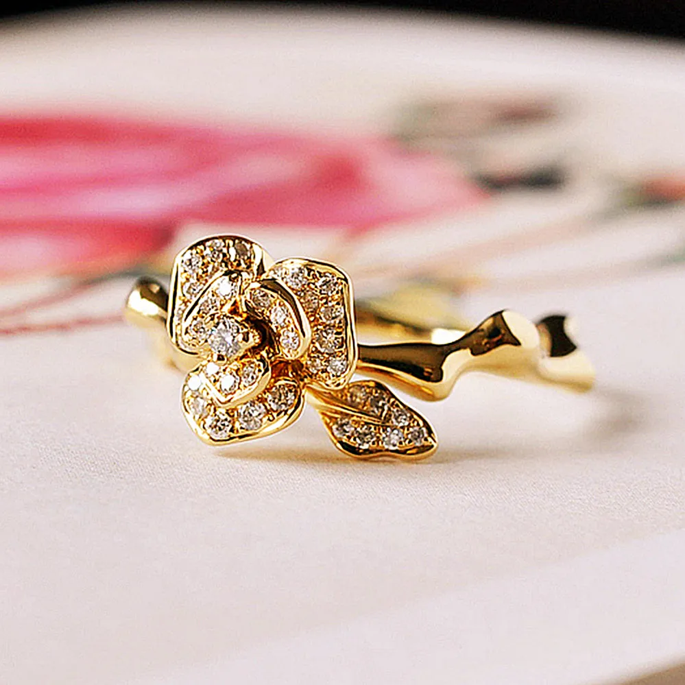 Gorgeous 3D Rose Flower Branch Diamond Ring