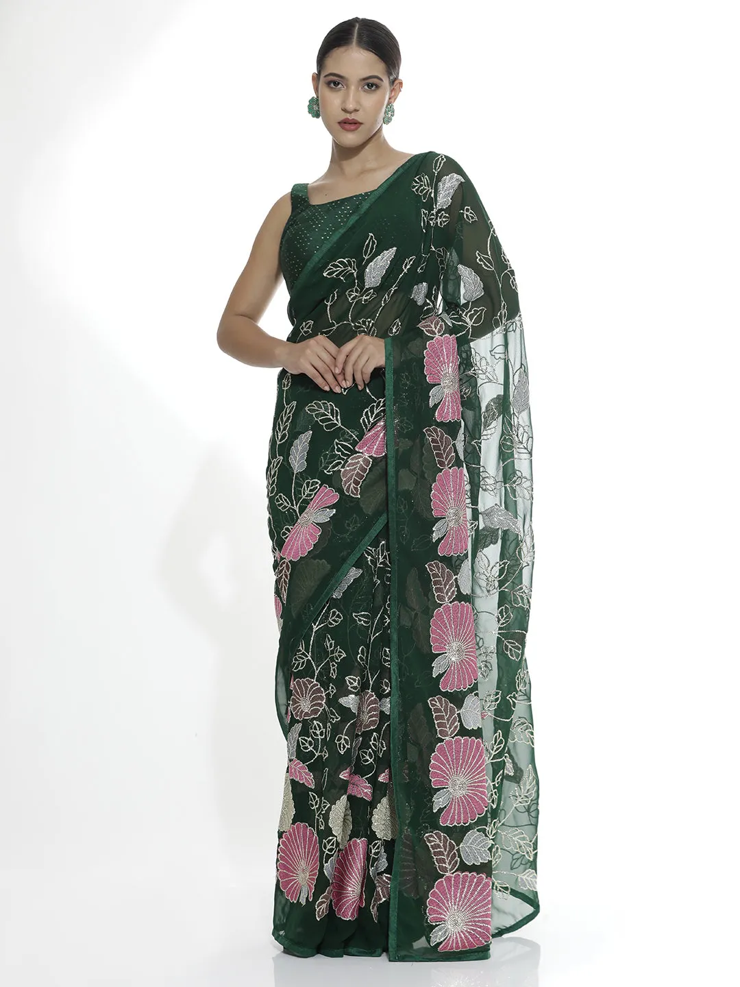 Green Floral Sequin Work Pure Georgette Saree