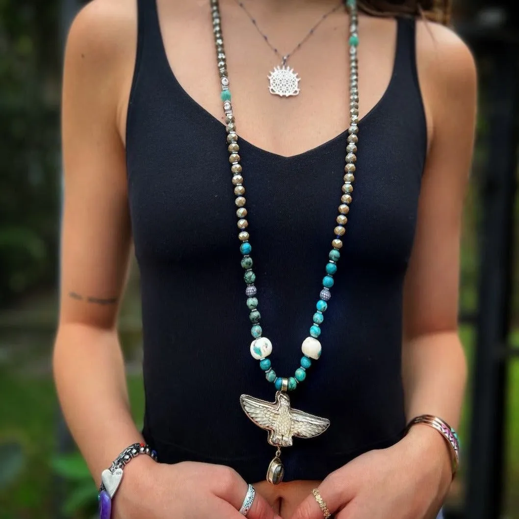 Hand Carved Eagle Pendant Gemstone & Nepal Beaded Necklace