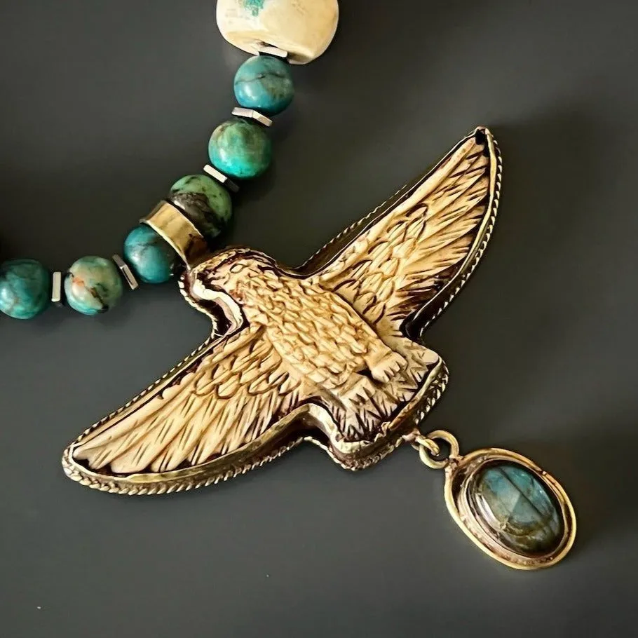 Hand Carved Eagle Pendant Gemstone & Nepal Beaded Necklace